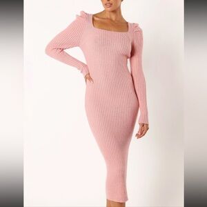 PUFF SLEEVE KNIT SWEATER MIDI DRESS